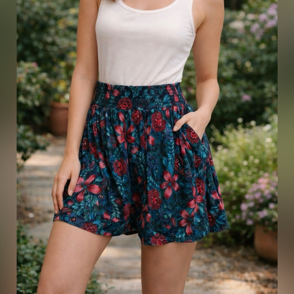 Susina Floral Cotton Skirt Teal Red Boho Smocked Waist Mini M